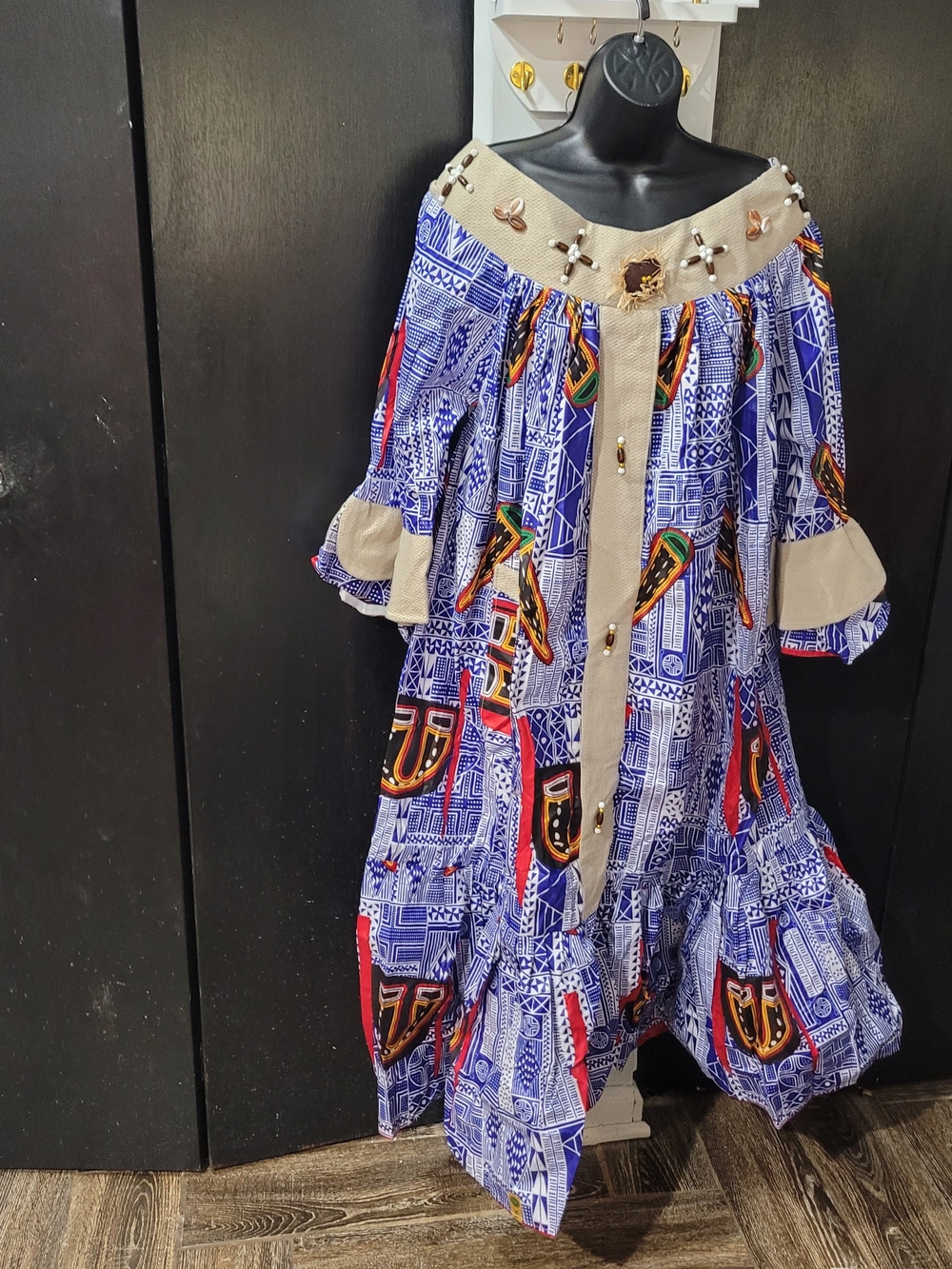 Girls Blue Printed Off-Shoulder Ruffle Dress with Beige Trim